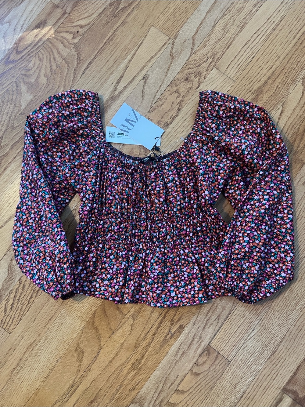 Zara Black Floral Smocked Long Sleeve Blouse